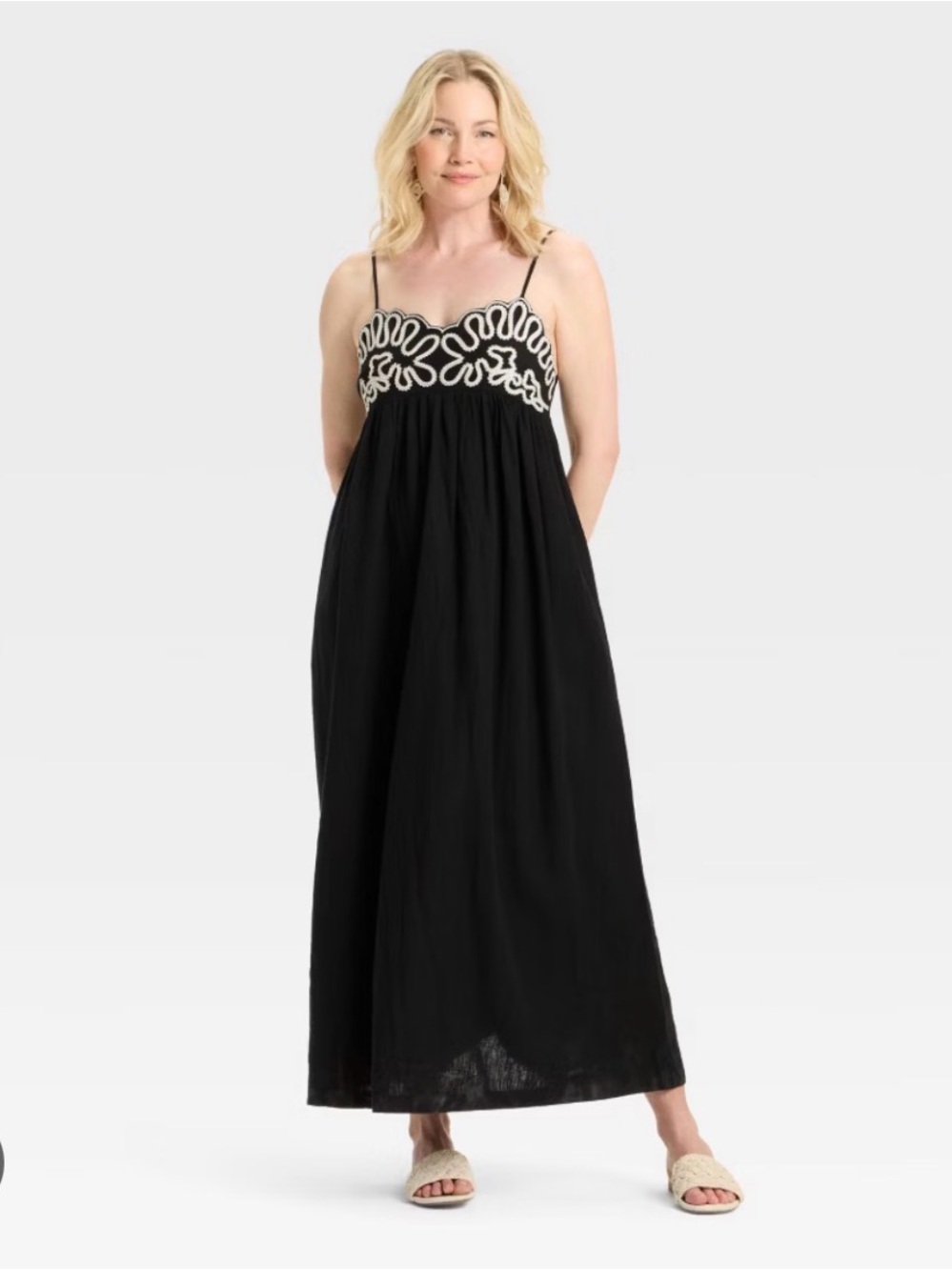 Black Maxi Spaghetti-Strap Dress with White Embroidered Bust